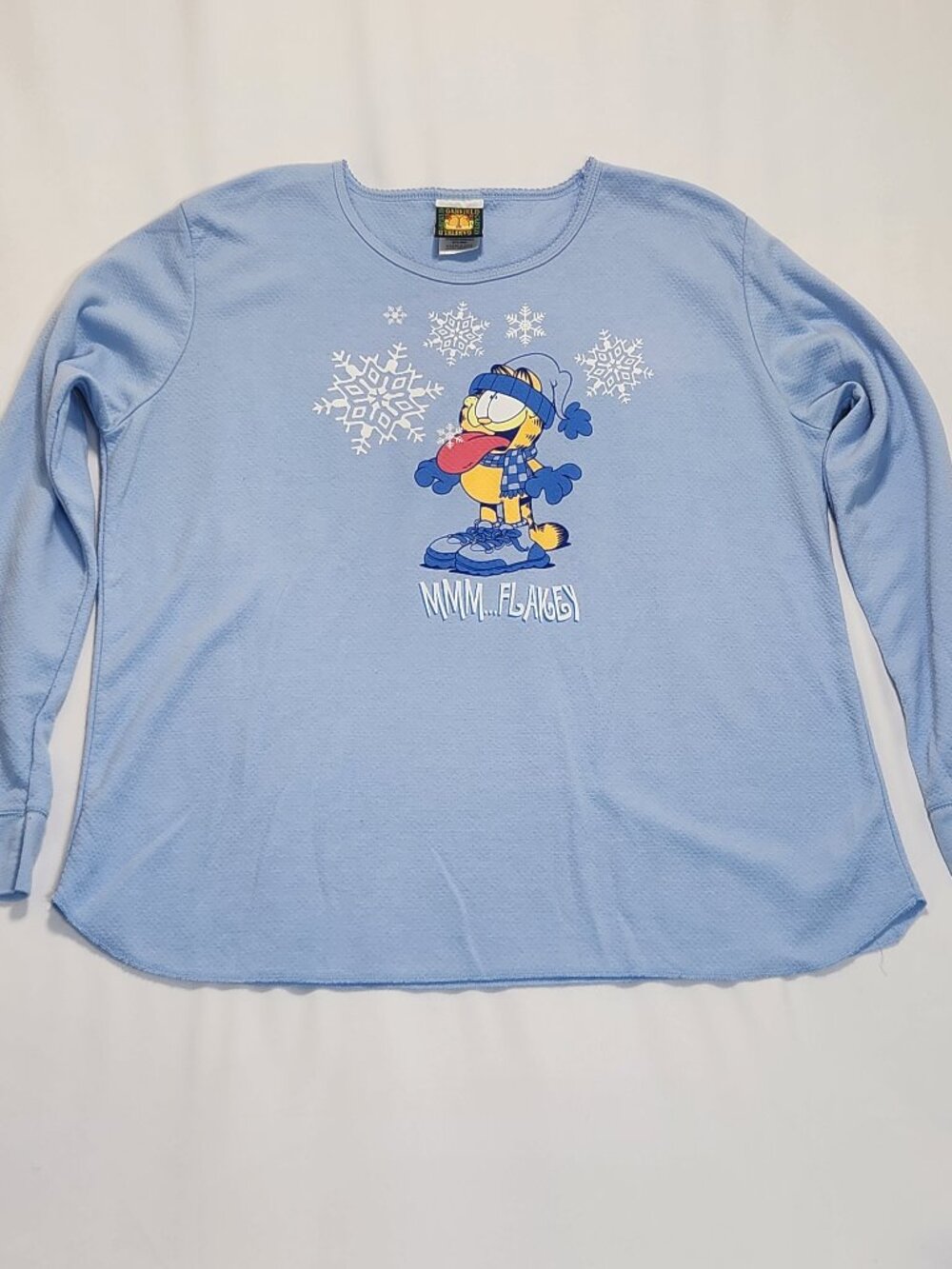 Vintage 90s Garfield Pajama Top 3XL Plus Size Blue Winter Snowflakes Sleep Shirt